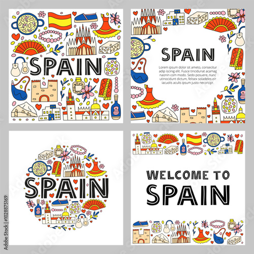 Spanish national landmarks and attractions in doodle style isolated on white background. Welcome posters. Spanish tourism concept.