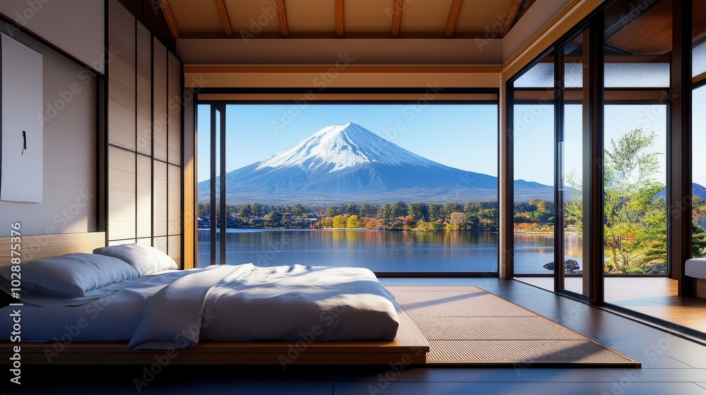 A serene bedroom with stunning view of Mount Fuji, featuring traditional Japanese architecture and peaceful surroundings. A serene bedroom with stunning view of Mount Fuji, featuring traditional Japanese architecture and peaceful surroundings.