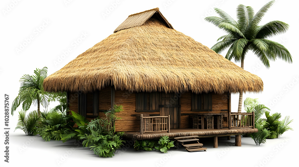 A tropical wooden house with a thatched roof surrounded by greenery. A tropical wooden house with a thatched roof surrounded by greenery.