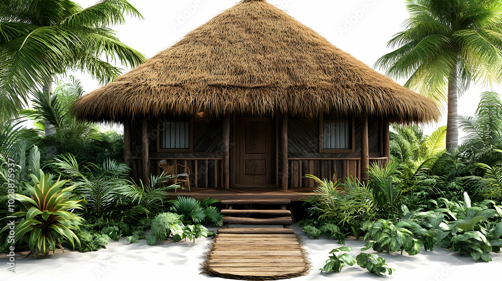 Tropical wooden hut surrounded by lush greenery and palm trees. Tropical wooden hut surrounded by lush greenery and palm trees.