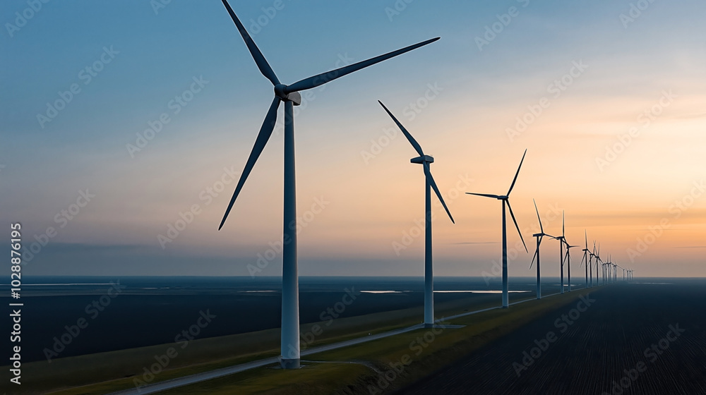 Row of wind turbines on a grassy landscape during sunset, with a clear sky and a distant horizon.