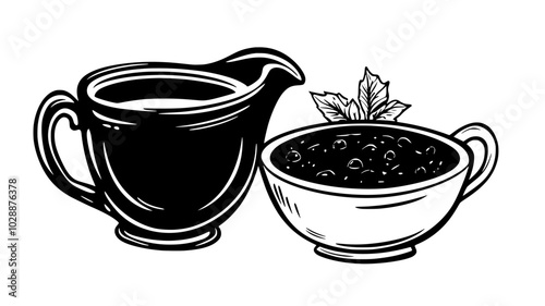Bowl of cranberry sauce next to gravy boat, vector illustration art