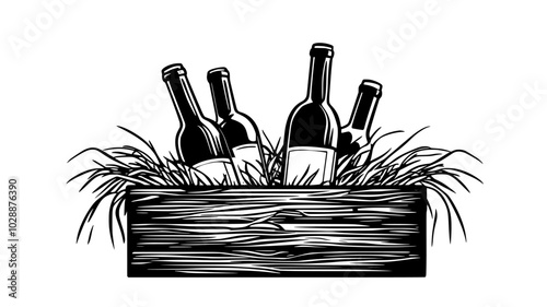 Bottles of wine nestled in a straw-filled wooden box, vector illustration art