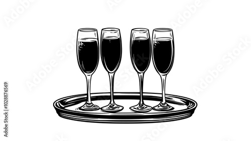Champagne flutes filled on a silver tray, vector illustration art