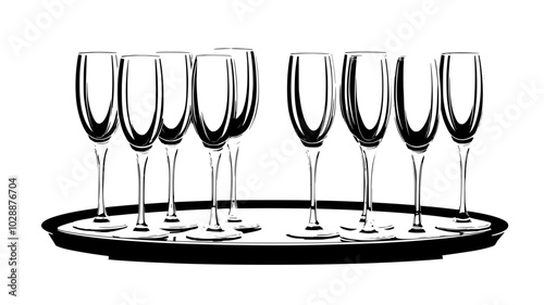 Crystal champagne flutes arranged on a mirrored tray, vector illustration art
