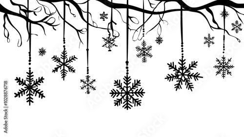 Crystal snowflakes catching light as they dangle from tree branches, vector illustration art