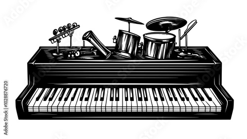 Diminutive musical instruments arranged on piano keys, vector illustration art