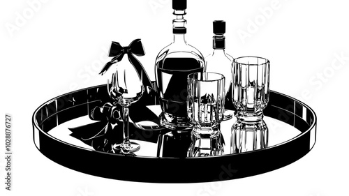 Crystal decanter set on mirrored tray with gift ribbon nearby, vector illustration art