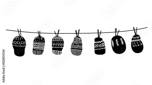 Display of hand-knitted mittens and hats on a clothesline, vector illustration art