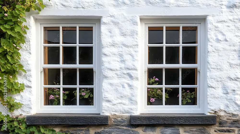 Two white-framed windows with flowers on a textured wall. Two white-framed windows with flowers on a textured wall.