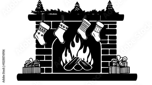 Fireplace with stockings hung and flames flickering inside, vector illustration art