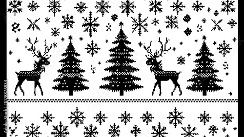 Framed cross-stitch sampler with holiday motif, vector illustration art