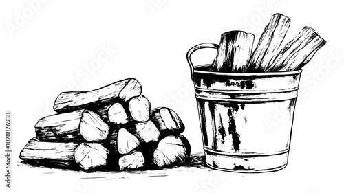 Galvanized metal bucket with firewood next to a stone hearth, vector illustration art