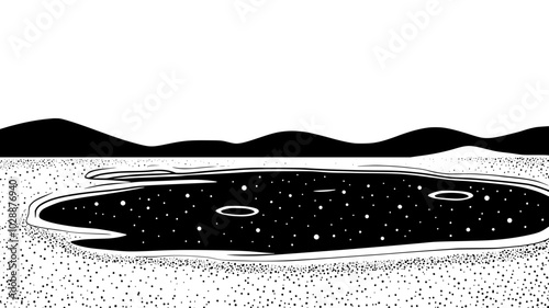 Frozen lake surface with ice fishing holes drilled, vector illustration art