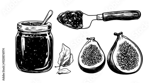 Fig jam in a glass jar with spreading knife, rustic charm, vector illustration art