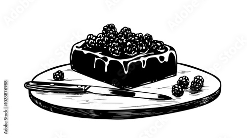 Fruitcake on wooden cutting board with knife nearby, vector illustration art
