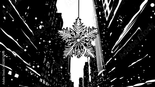 Giant light-up snowflake suspended between two buildings downtown, vector illustration art