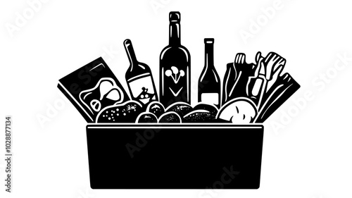 Gourmet food box with assorted items displayed on a dining table, vector illustration art