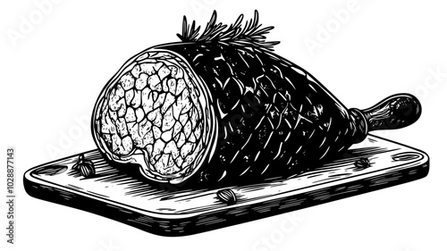 Ham studded with cloves on a carving board, vector illustration art