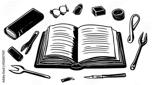 Hand-bound journal on craft paper with bookbinding tools nearby, vector illustration art