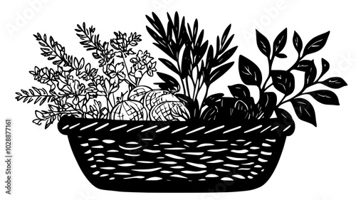 Handwoven basket containing an assortment of locally sourced spices and herbs, vector illustration art