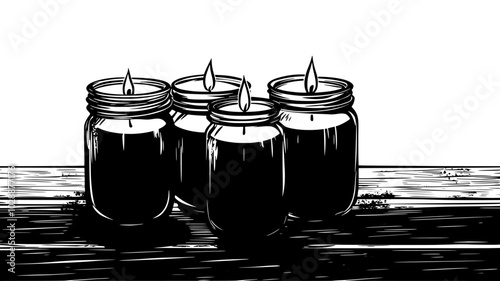 Hand-poured candles in mason jars on a wooden table, vector illustration art