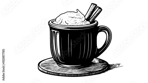 Hot buttered rum in a ceramic mug on a coaster, vector illustration art