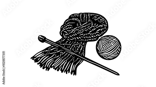 Knitted scarf on needles with a ball of yarn nearby, vector illustration art