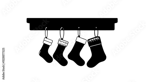 Keychains hanging from a stocking hook on a mantelpiece edge, vector illustration art