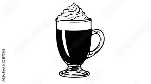 Irish coffee in a glass mug topped with whipped cream, vector illustration art