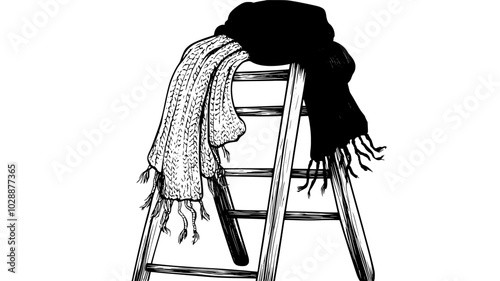 Knitted scarves draped over a rustic ladder display, vector illustration art