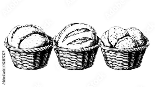 Loaves of artisanal bread displayed in wicker baskets, vector illustration art