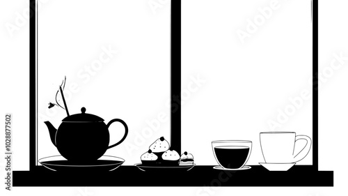 Minuscule tea party set up on windowsill with treats, vector illustration art