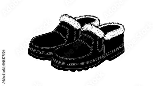 Moccasin-style slippers with fur trim resembling Santa's boots, vector illustration art