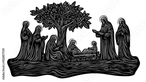 Nativity scene carved into a tree trunk displayed outdoors, vector illustration art