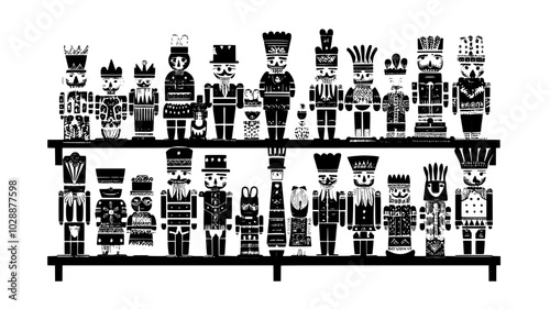 Nutcrackers and wooden toys lined up on shelves in a vendor booth, vector illustration art