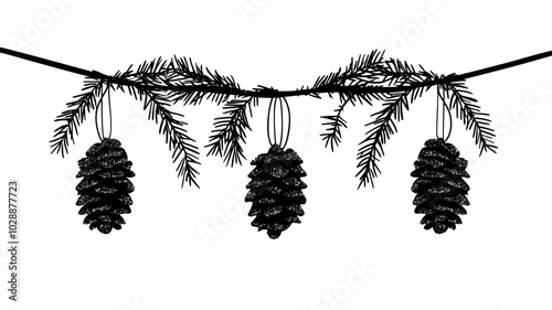 Pine cones dipped in glitter hanging by twine from tree boughs, vector illustration art