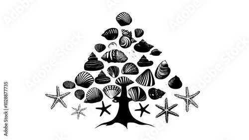 Pine tree covered in seashells and starfish ornaments, vector illustration art photo