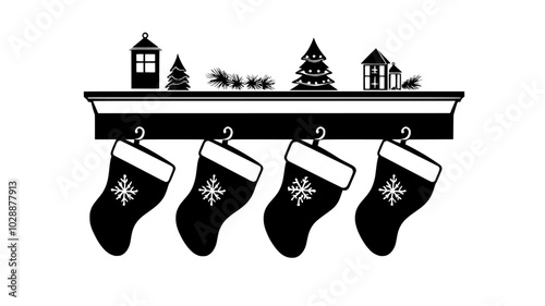 Row of stockings hung from a mantel with hooks, vector illustration art