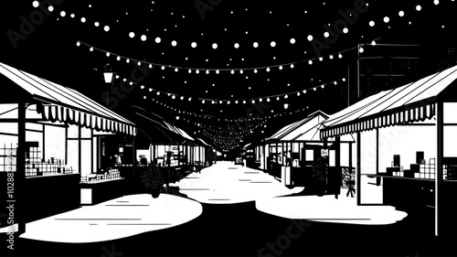 Rows of twinkling lights strung between market stalls at dusk, vector illustration art