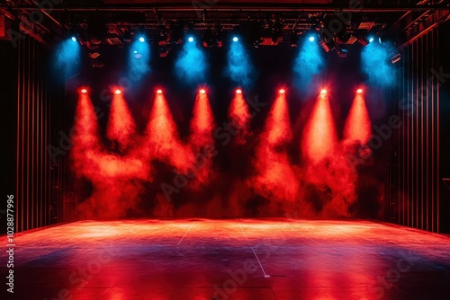 Red and Blue Stage Lights with Smoke and Empty Stage photo