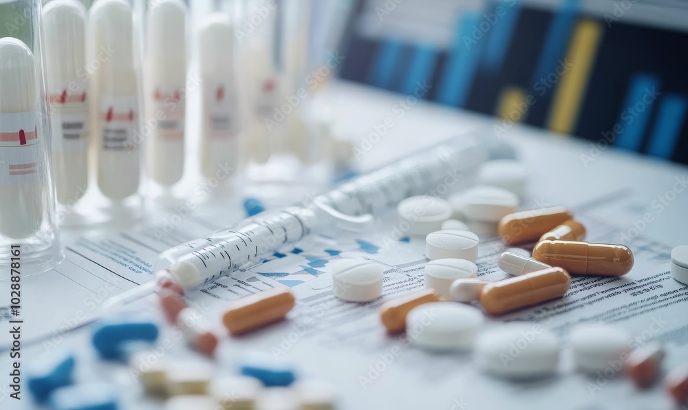 Pills and syringe on a paper with graphs. Pills and syringe on a paper with graphs.