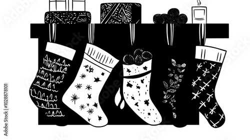 Stocking filled with coal hanging from the mantelpiece next to others, vector illustration art