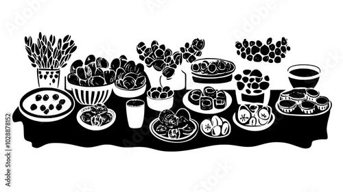 Swedish julbord spread with variety of cold and hot dishes, vector illustration art