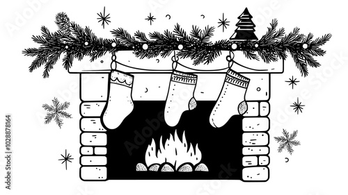 Stockings hanging from fireplace mantel with garland and lights, vector illustration art