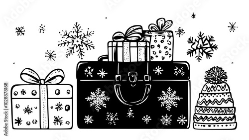 Suitcase packed with winter clothing and wrapped gifts, vector illustration art