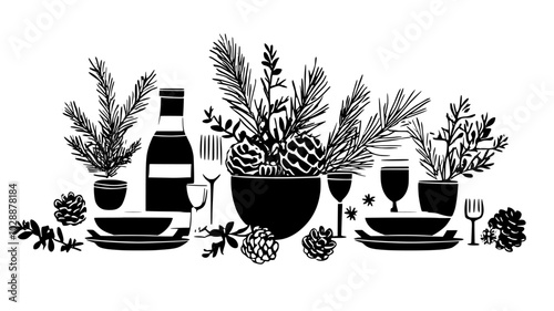 Table set with festive dinnerware and a centerpiece of pinecones, vector illustration art