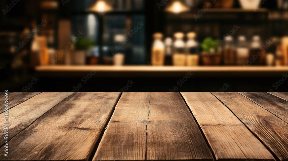 Wooden table surface with blurred background of coffee shop interior featuring shelves and various products. Wooden table surface with blurred background of coffee shop interior featuring shelves and various products.