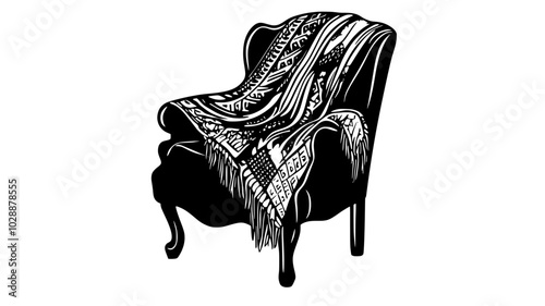 Woven throw blanket draped over arm of chair, vector illustration art