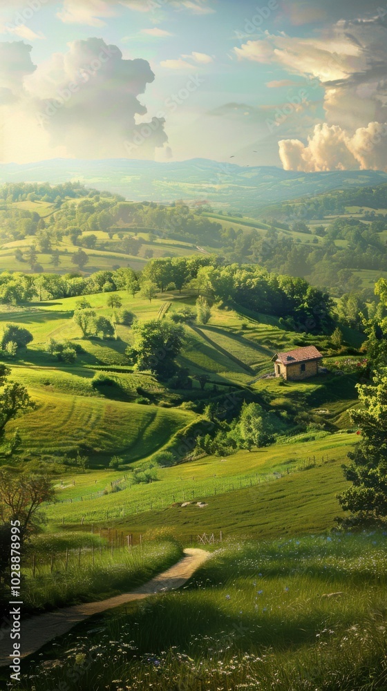 Fototapeta premium Scenic countryside with rolling hills and a farmhouse, 4K hyperrealistic photo